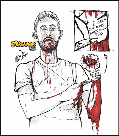 A cartoon published in Turkey featuring Israeli footballer, Sagiv Yehezkel, covered with blood during a massacre of 10,000 Palestinian kids. Photo: YouTube generated.