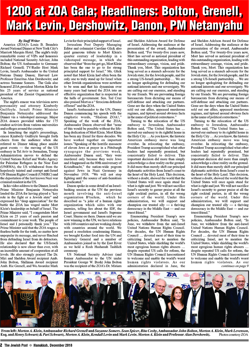1200 at ZOA Gala; Headliners: Bolton, Grenell, Mark Levin, Dershowitz, Danon, PM Netanyahu