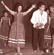 Israeli performers, Yaffa Yarkoni (left) and Ron Eliran, perfor-ming on stage at the Palais (Palace) de Shallot in Paris, France, in 1958 during the 10th anniversary celebrations in honor of the State of Israel.