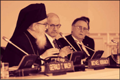 Image of Archbishop Demetrios, Primate of the Greek Orthodox Church in America (left) at a conference with Jewish leaders. Photo: Julian Voloj