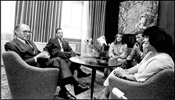 Legendary actress, Elizabeth Taylor (right), is greeted by Israel�s Prime Minister, Menahem Begin, in his Jerusalem office, September of 1979. Second from left is Gideon Path, then Minister if Commerce & Industry and later Chairman of Israel Bonds in the US - Photo: Israel Simionsky/Israel Sun