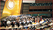 The Nurnberg, Germany Philharmonic Orchestra, the Bayreuth Zamir Choir and the Jerusalem Chamber Choir perform in the UN General Assembly Hall, under the direction of Maestro Isaak Tavior.  General Assembly Hall Concert Photo: Courtesy of the UN  People's photos: Gloria Starr Kins 