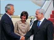 Israeli Prime Minister, Benjamin Netanyahu (right), greeted upon arrival on one of his trips to Washington by Israel�s Ambassador to the United States, Michael Oren.<br /> Photo: Moshe Milner/GPO for Israel Sun
