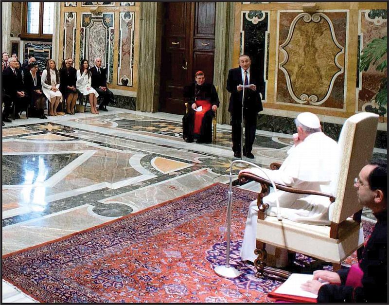 Rabbi Marvin Hier, Dean and Founder of the Jewish Human Rights NGO, addresses Pope Francis and a private audience at the Vatican.