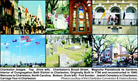 Top (from left), Charleston's Broad Street, Magnolia Plantation, Congregation Beth Elohim interior, Welcome to Charleston, NC.  Bottom (from left), Fort Sumter, Jewish Cemetery, Carriage Tour