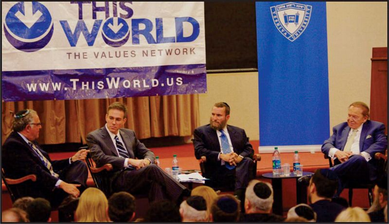 From left: Yeshiva University President, Bret Stephens, Wall Street Journal columnist and Pulitzer Prize winner, Richard Joel, Rabbi Shmuley Boteach, and Jewish philanthropist, Sheldon Adelson,  Offered Solutions to Challenges of Jewish Survival. Photo: Omar Flores