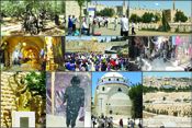 (From left) Top: An ancient seven foot thick olive tree at The Garden of Gethsemane; Celebrating the 44th Anniversary of The Liberation of Jerusalem in the Six Day War in 1967; The Citadel; 2nd row: The Cardo, a typical Roman street from the 6th century, now a Jewish mall in the Old City of Jerusalem; Thousands of youths gather at The Wailing Wall to celebrate The 44th Anniversary of its Liberation;A typical commercial street in the Arab Quarter of the Old City. Bottom: Statue of King David Playing the Harp in the old city; Jews pray routinely at The Tomb of King David while it�s being restored; The restored synagogue, The Ruin of Rabbi Yehuda the Hassidic, which has been destroyed by the Jordanians between 1948-1967; A view west from Mt. Olives: In center of photo is The Old City, above is The New City of Jerusalem, and below is Mt. Olives� Jewish Cemetery, which has been destroyed by the Jordanians between 1948-1967. Photos: Kanan Abramson
