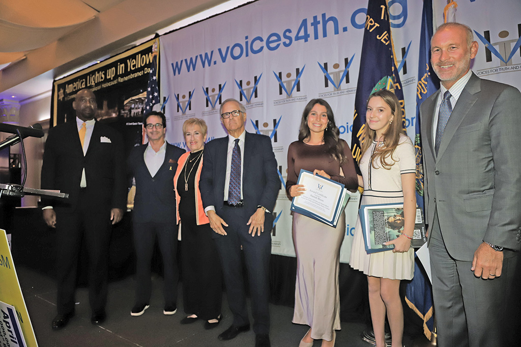 Bill Tinglin, CEO, Tour For Tolerance;  essay contest judges Glen Landow, Andrea Bolender, Mark Meirowitz, essay content winners Hannah Bloom and Molly Deblinger and Assemblyman Steve Stern.