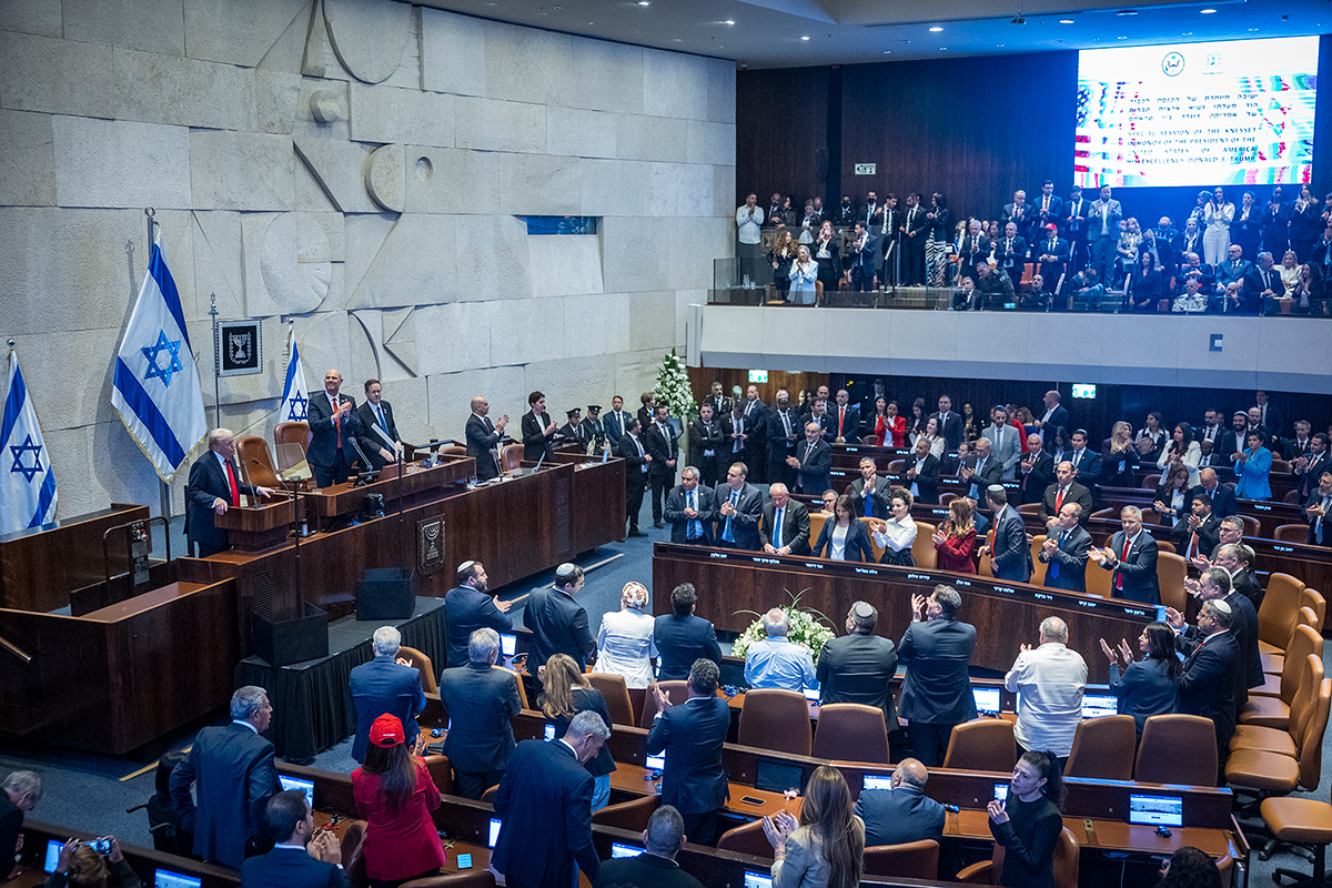 U.S. President Donald Trump delivering an enthusiastically received speech during a special plenum session in his honor at the Knesset, the Israeli parliament in Jerusalem, on October 13, 2025