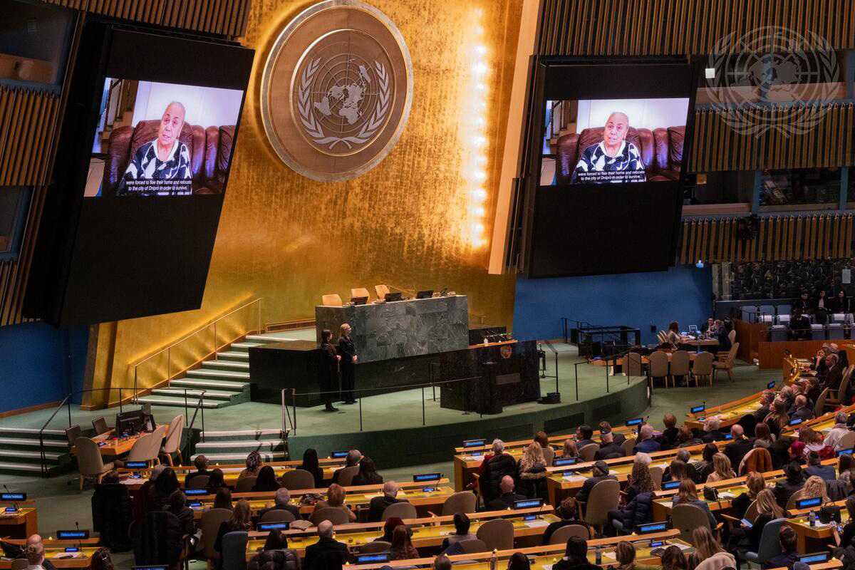 Holocaust survivor Halyna Tomenko on screen. Photos courtesy of UN.