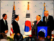 From left: Ban Ki-Moon, Secretary General of the UN; Lee Myung-bak, President of South Korea; Rabbi Arthur Schneier; and Paul Volcker, Former Chairman of Federal Reserve.