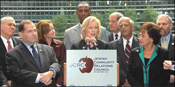 From left: NYS Comptroller, Thomas DiNapoli; Rep. Jerrold Nadler; Rep. Nan Hayworth; Rev. Jacques DeGraff  (behind Sen. Gillibrand); Sen. Kirsten Gillibrand; Rep. Bob Turner; Mr. Alan Jaffe, Pres. of the JCRC-New York; Rep. Nita Lowey; and Mr. William Daroff, .Jewish Federation of N. America.