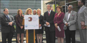 (from left): Rep. Jerrold Nadler; Rep. Nan Hayworth; Congresswoman Carolyn Maloney; Alan Jaffe, Pres., JCRC-NY; Sen. Kirsten Gillibrand; Michael Mil-ler, Exec. VP and CEO, JCRC-NY; Christine Quinn, NYC Council Pres.; Congressman Charles Rangel; Rev. Jacques DeGraff. Photo: Gloria Starr Kins