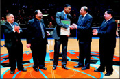 From left: Rene Reinhardt, from the JNF; Bob Kaplan, Director of Intergroup Relations for the JCRC; Allan Houston, Assistant General Manager for the New York Knicks; Ido Aharoni, Acting Consul General of Israel in New York; Gil Lainer, Consul for Public Affairs at the Consulate General of Israel in New York. 