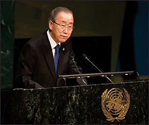 UN Sec, Gen., Ban Ki-Moon, addressing the UN.