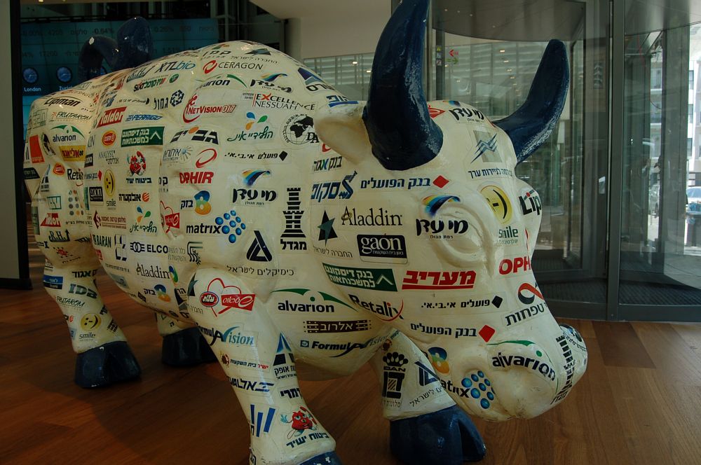 A bull inscribed with the names of TASE-listed companies projects confidence in Israel's economy
(Photos: James S. Galfund)