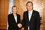 Prof. Gabriela Shalev is greeted by Ban Ki-Moon, UN Sec. Gen., upon the submission of her credentials as the next Israeli UN Ambassador.