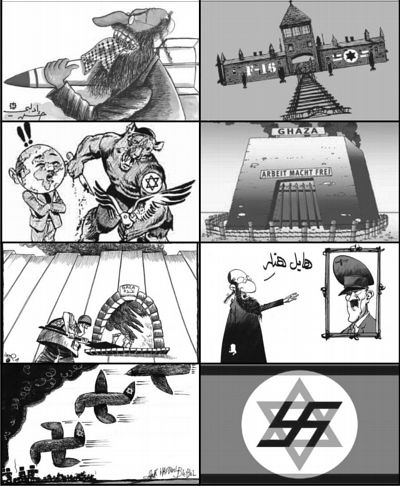 Antisemitic cartoons in the Arab world during the Israeli Gaza operation. Top: (left) Al-Bayyan (UAE), December 28, 2008; Cartoonist: Hassan Idleby. (right) Al-Ghad (Jordan), January 4, 2009. Cartoonist: 'Imad Hajjaj. 2nd row: (left) Al-Ahram (Egypt), January 5, 2009. Cartoonist: Not available; (right) Al-Ahram (Egypt), January 5, 2009. Cartoonist: Not available. 3rd row: (left) Al-Hayat (London), January 6, 2009. Cartoonist: Habib Haddad; (right) Al-Raya (Qatar), December 27, 2008. Cartoonist: Fares Qarabet. Bottom: (left) Al-Mustaqbal (Lebanon), December 29, 2008. Cartoonist: Hassan Bleibel; (right) Al-Ghad (Jordan), December 31, 2008. Cartoonist: 'Imad Hajjaj.