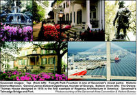 Top (from left), Forsyth Park Fountain, Historic District Mansion, General James Edward Oglethorpe.  Bottom (from left), The Owens-Thomas house, Talmadge Bridge and Port