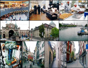 (From left) Top: The modern Zurich Airport Terminal; Inside the Business Class Launch at Zurich Airport; The process of preparing the inflight Glatt Kosher foods at the Schalom AirCatering SA facility, adjacent to Zurich Airport, providers of Glatt Kosher meals to airlines at Zurich Kloten Airport. Center: The Central Banhof - Main Railways Station - in Downtown Zurich; Zurich University�s main building at Ramistrasse; The Limmat River cutting through Zurich. Bottom: The 4,000 wine bottles� glass-tower erected in the lobby of Radisson BLU Hotel Zurich Airport; Streets and alleys of Old Zurich. Photos: Kanan Abramson